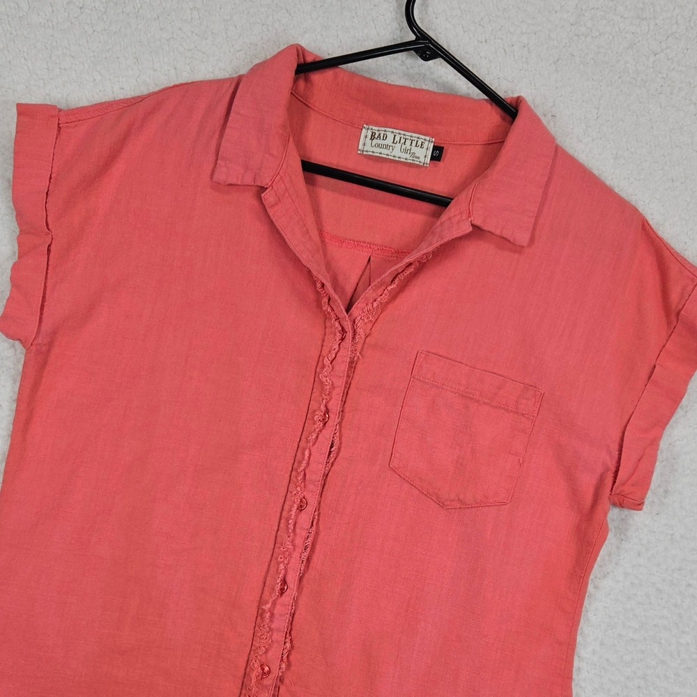 Bad Little Country Girl‎ Womens Shirt S Coral Linen Blend Fringe Boho Western S